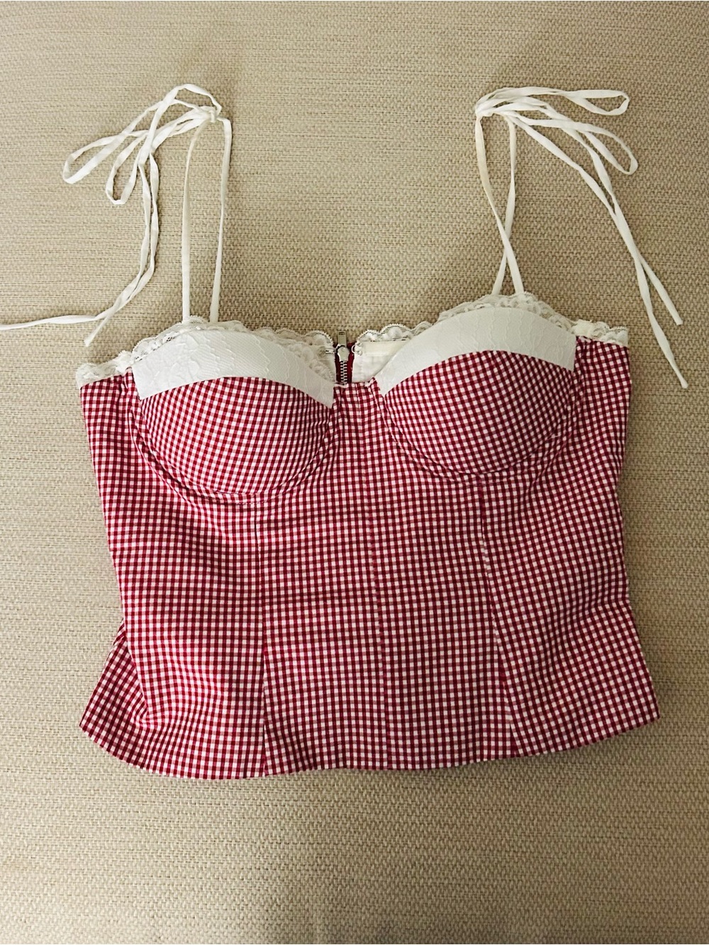 REVOLVE Red Gingham Lace-Trim Bustier Top